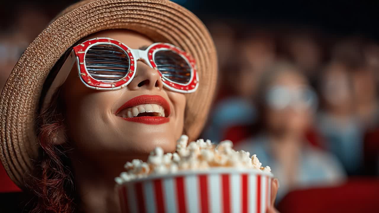 Spettatore gioioso gusta popcorn con occhiali da sole alla moda mentre partecipa a un'esperienza cinematografica, irradiando eccitazione e felicità al cinema.