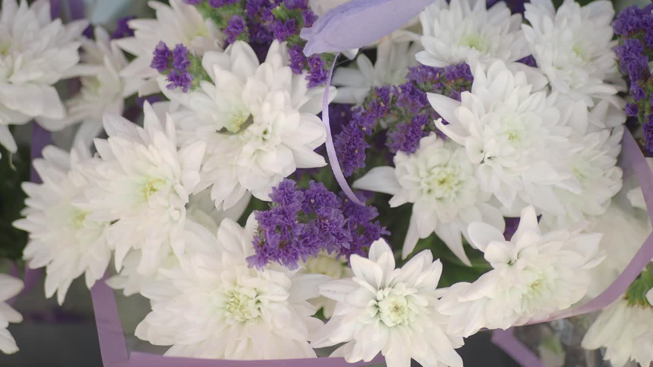 Beautiful White Chrysanthemum Bouquet with Purple Flowers
