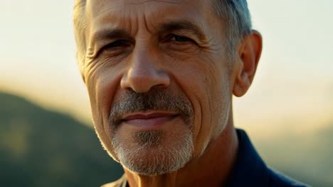 close up of a content senior man smiling gently at the camera. his warm expression reflects happiness and confidence, showcasing the beauty of aging gracefully in a serene outdoor setting