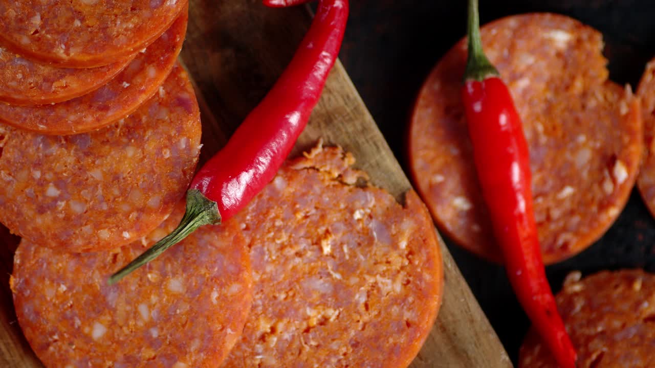 las rebanadas de salami con chile giran lentamente.