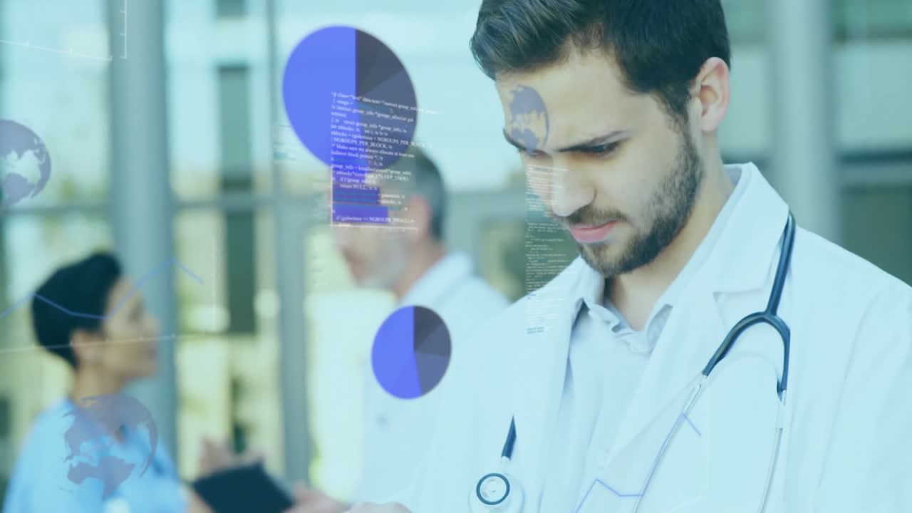Analyzing data, medical professionals using digital charts with animation in hospital