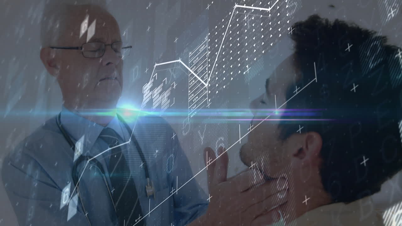 Doctor lifting patient's chin during medical exam with stethoscope, showing holographic charts