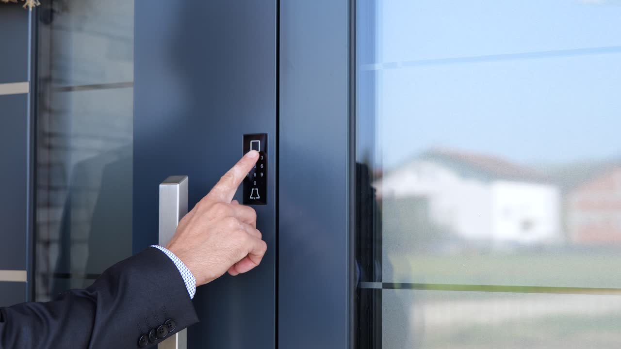 Man Locking Main Door With Password Before Leaving Smart Home