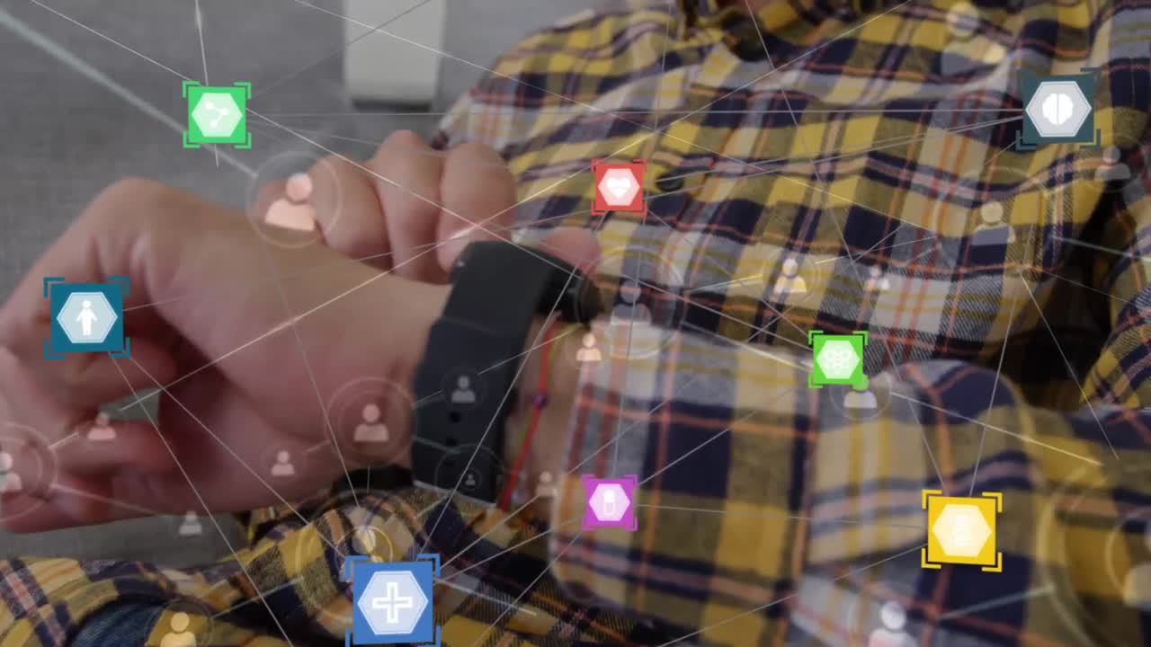 animación de una conexión web sobre un hombre caucásico sentado en un sofá