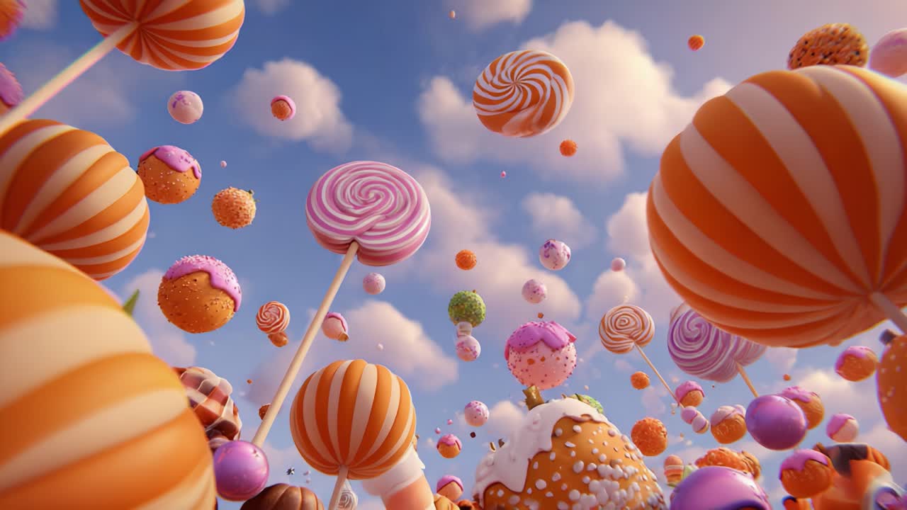 A Whimsical Candyland: An Enchanting Dreamscape Filled with Vibrant Lollipops, Colorful Treats, and Playful Sweets Under a Blue Sky