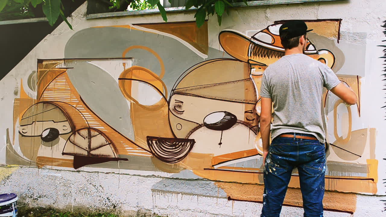 L'artista disegna graffiti su una recinzione. Disegno astratto