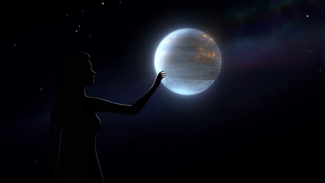silhouette of a woman reaching for a glowing planet