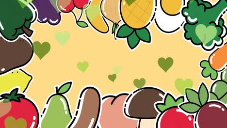Grüne-Herzsymbole,-Die-Vor-Früchten-Und-Gemüsesymbolen-Schweben,-Mit-Kopierraum-Auf-Gelbem-Hintergrund