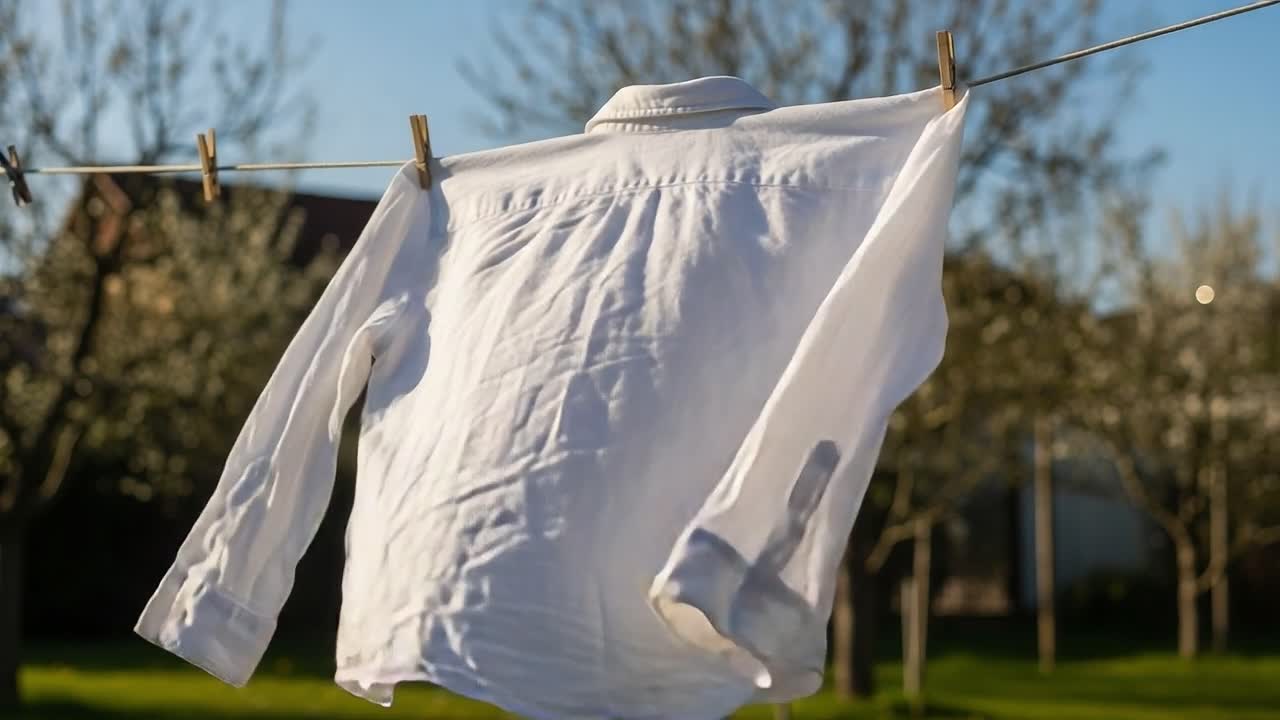 A Freshly Laundered White Shirt Hanging on a Clothesline Under the Sunlight, Surrounded by Blossoming Trees in the Background, Capturing a Moment of Nature and Fabric