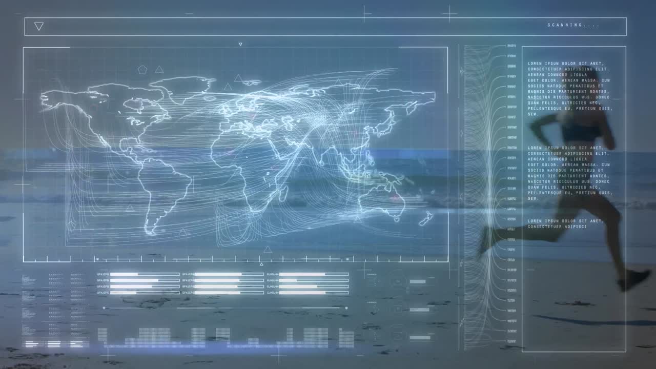 animación del procesamiento de datos sobre una mujer en forma corriendo en la playa