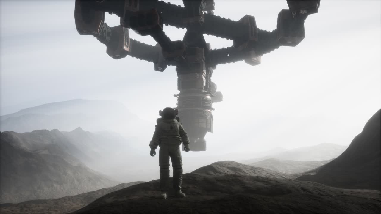 먼지와 안개로 가득 찬 다른 행성의 우주 비행사