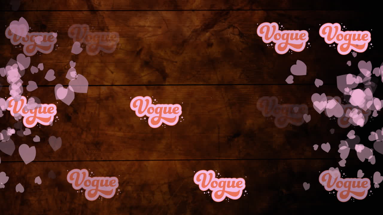animación de textos de moda y iconos de corazón en fondo de madera
