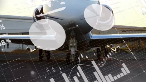 animation of statistical data processing against airplane at an airport