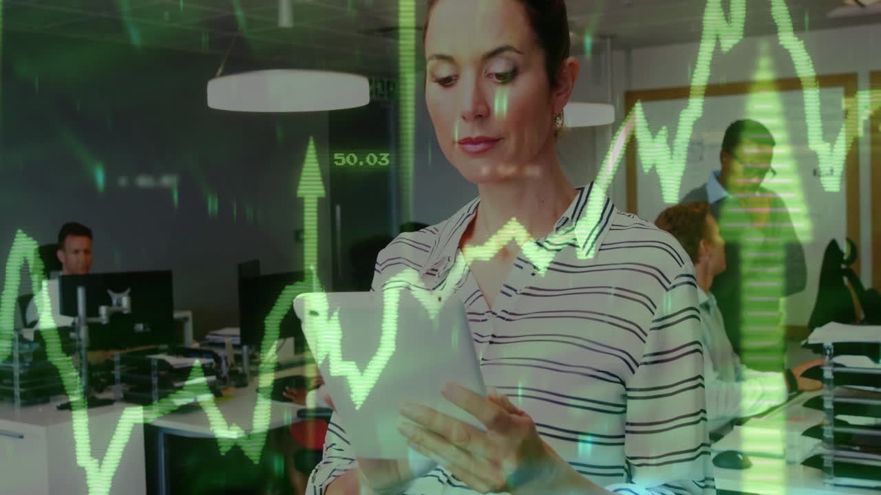 Analyzing stock market graph overlay, businesswoman using tablet in office