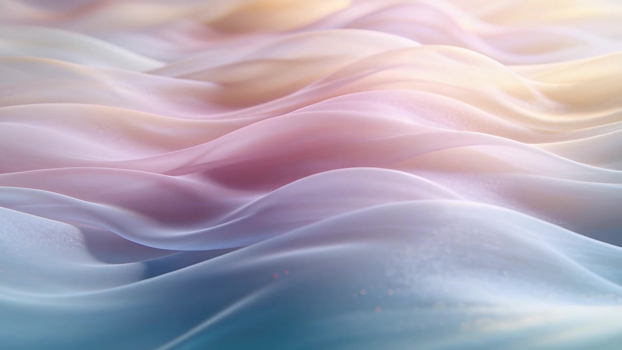 Camera moving closer, silky translucent waves shifting forward in studio, revealing frosted flecks