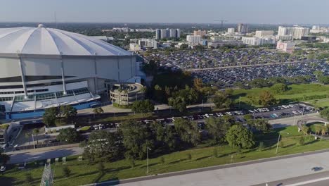 4k aerial drone video of tropicana field and full parking lots next to interstate 275 in downtown st