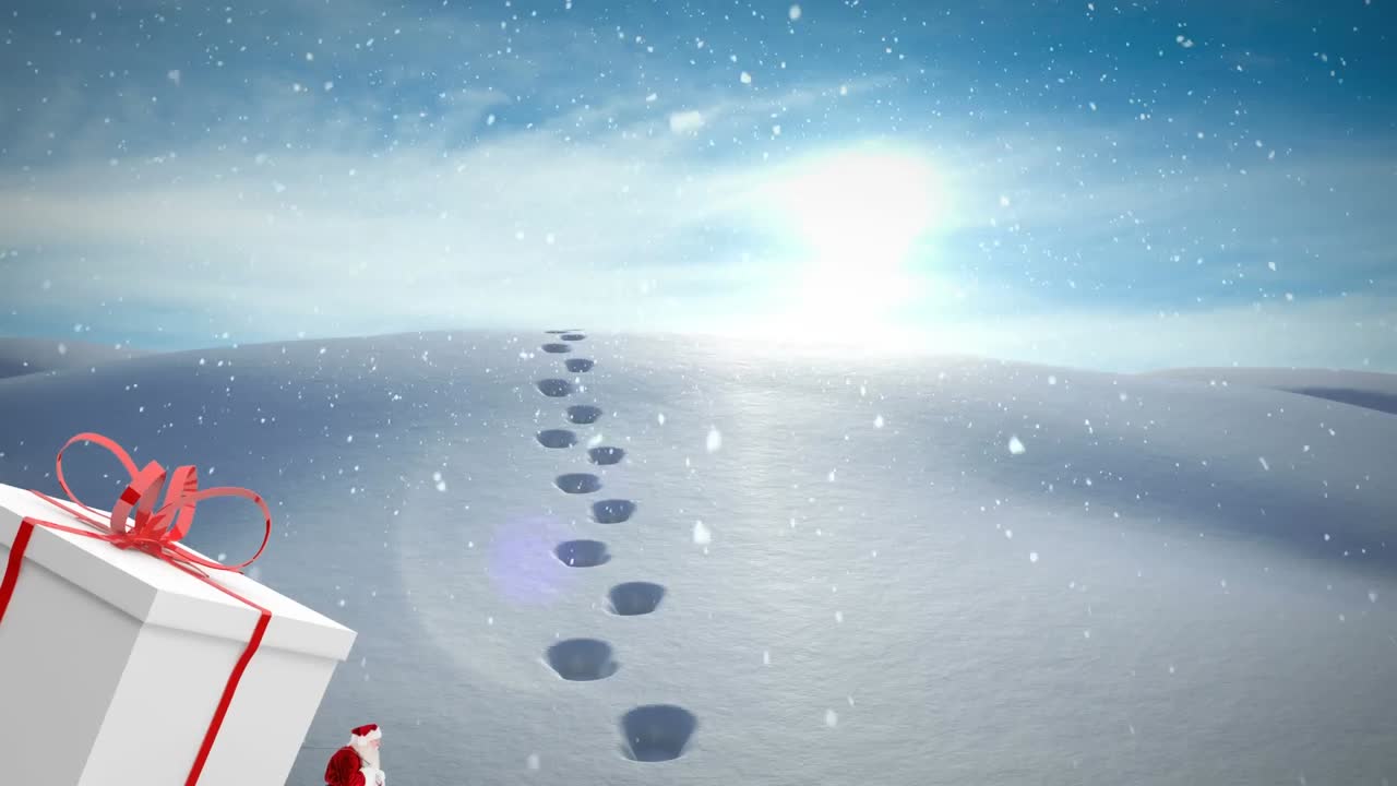 산타클로스가 거대한 크리스마스 선물과 겨울 풍경에 내리는 눈을 들고 있는 애니메이션