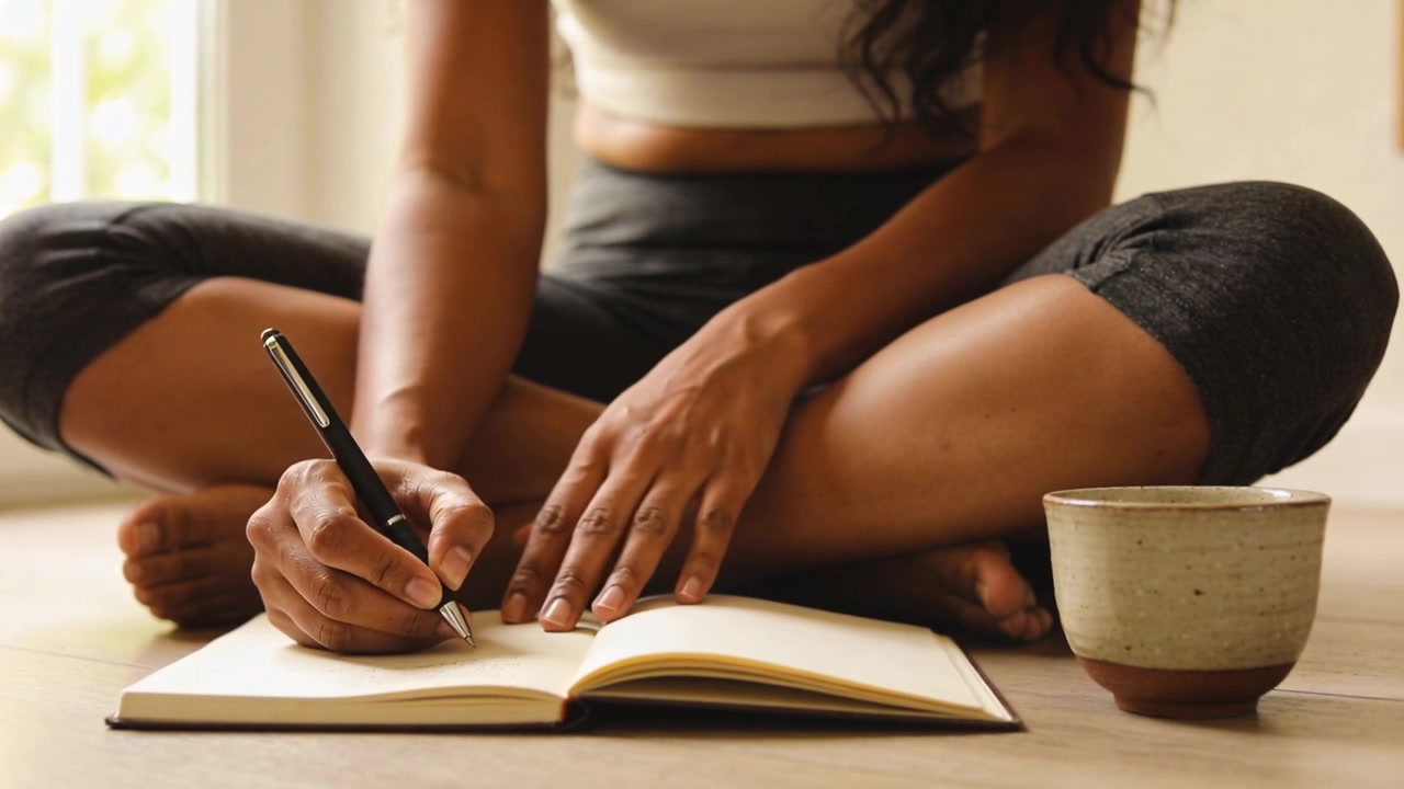 Writing woman placing notebook, holding pen, wearing yoga wear on wooden floor, journaling with mug