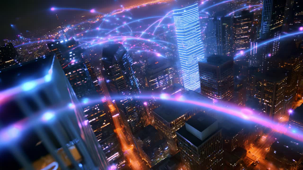 Capturing the Pulse of the Urban Landscape: A Vibrant Nighttime View Illuminated by a Web of Dynamic Light Trails and Communication Signals, Uniting the City in a Flow of Technological Connectivity