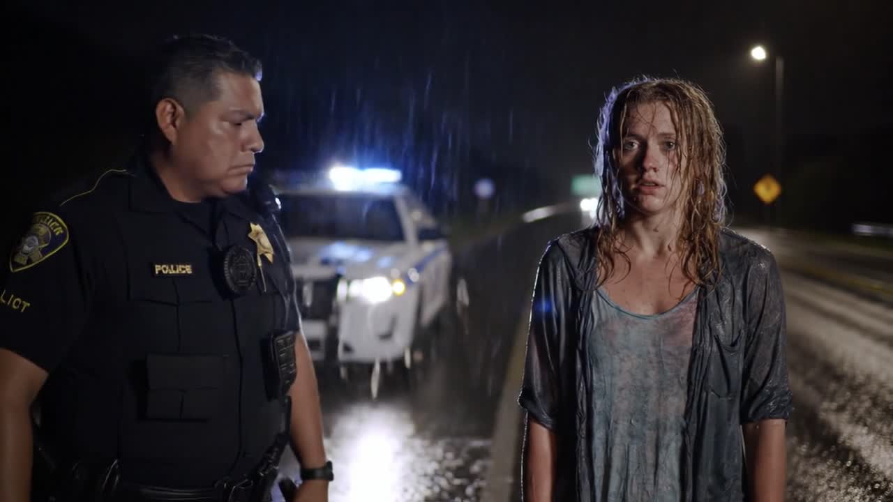 A woman stands soaked in a worn shirt while talking to a police officer during a rainstorm on a quiet road at night. Emergency lights illuminate the scene, creating a tense atmosphere.