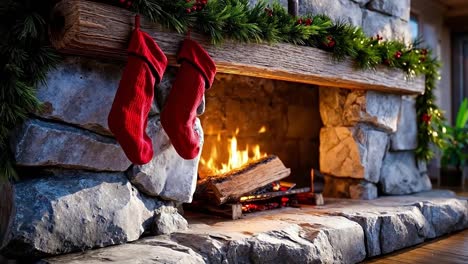 A fireplace with stockings hanging from the mantle of a fireplace