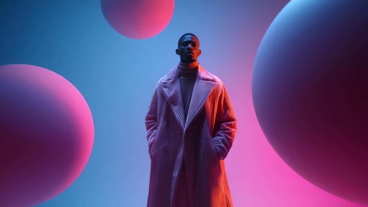 A person stands confidently in a dynamic, artistic scene filled with colorful spheres, showcasing a blend of fashion and modern aesthetics, creating a captivating visual experience that intrigues viewers