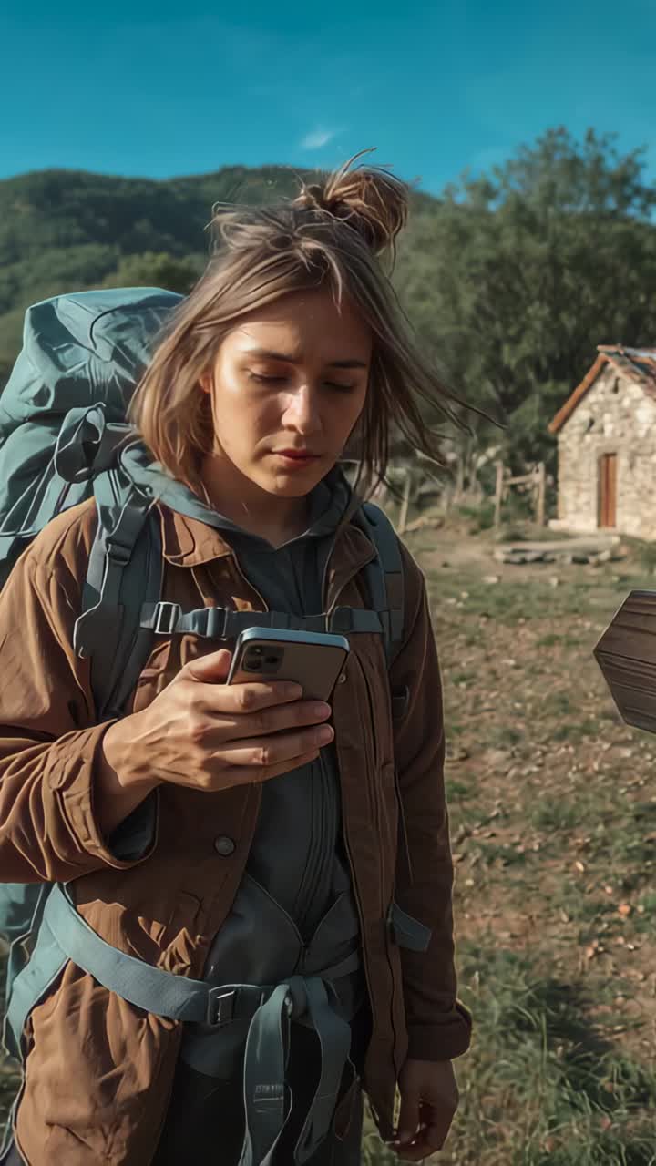 Vertical video: Holding smartphone, hiker in jacket checking map at trail with pack and signpost