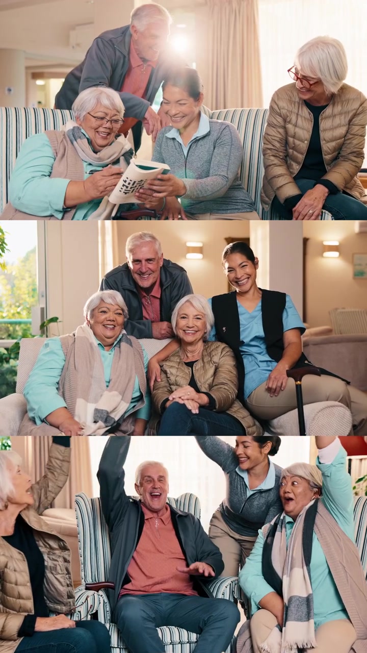 Caregiver Celebrating Success with Happy Seniors in Assisted Living Facility