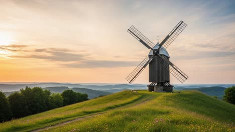 a majestic windmill standing tall on a hill at sunset, surrounded by lush green grass and a breathtaking landscape that captivates the essence of nature and tranquility