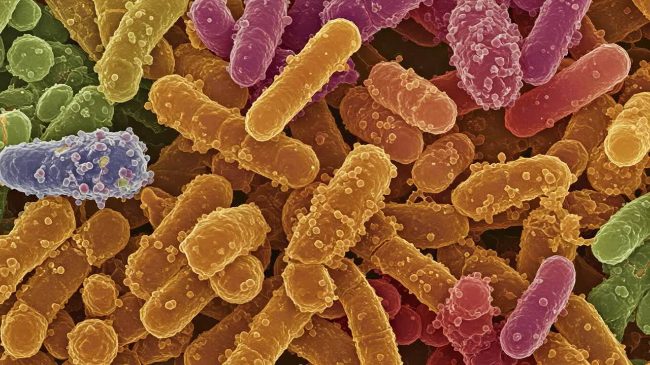 A Vibrant Microscopic View of Diverse Bacteria Highlighting Their Unique Shapes and Colors Under Electron Microscopy Technique