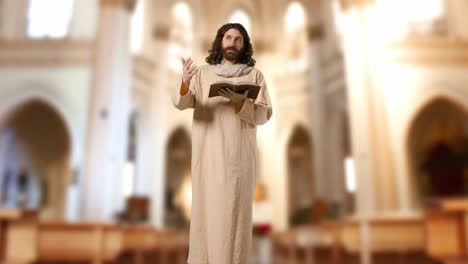 man wearing robes with long hair and beard representing figure of jesus christ preaching from bible in church