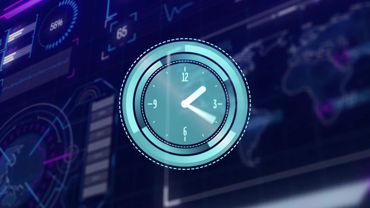 Clock overlay fading in with rotating hand pulsing rings updating gauge over network map
