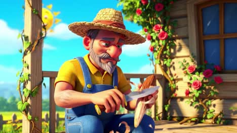 a skilled craftsman enjoys his artistic hobby as he carves a beautiful butterfly from wood on a sunny day surrounded by nature and vibrant flowers