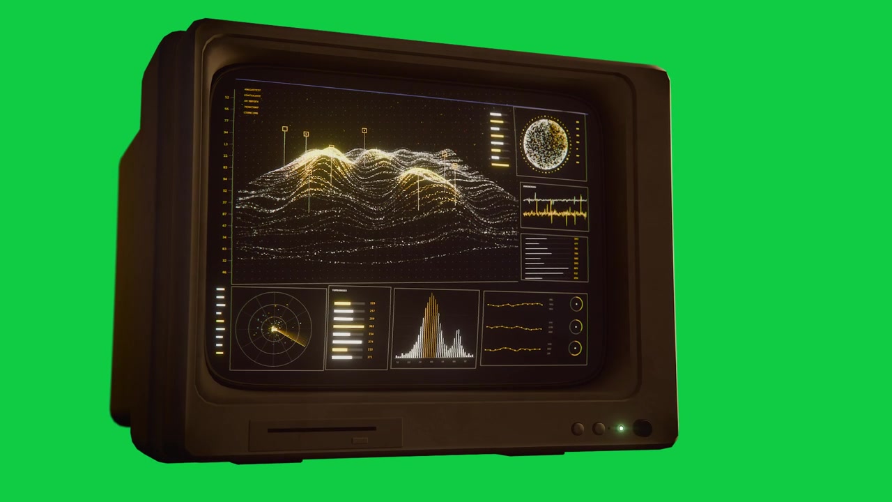 Illuminazione LED verde su CRT che mostra una mappa, radar rotante e barre pulsanti su sfondo trasparente di monitoraggio