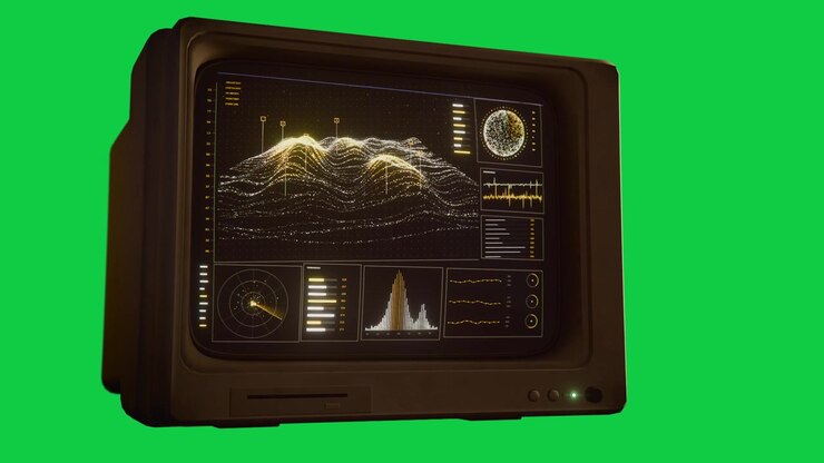 Illuminazione LED verde su CRT che mostra una mappa, radar rotante e barre pulsanti su sfondo trasparente di monitoraggio