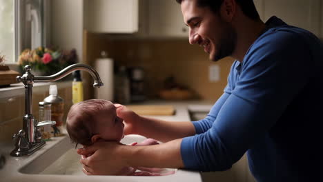 father bathing his baby in a kitchen sink