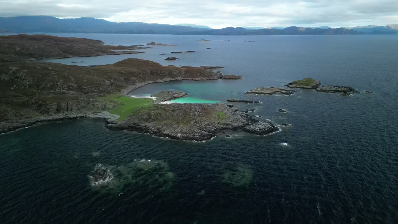 Aerial drone view of Arisaig sandy beaches and islands, Scotland
