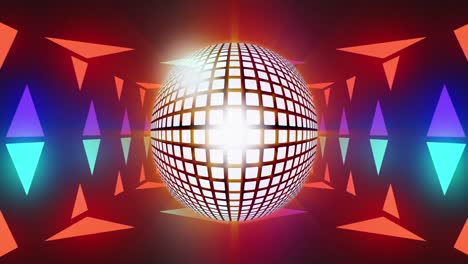 Animation-of-disco-ball-over-colorful-shapes-on-black-background