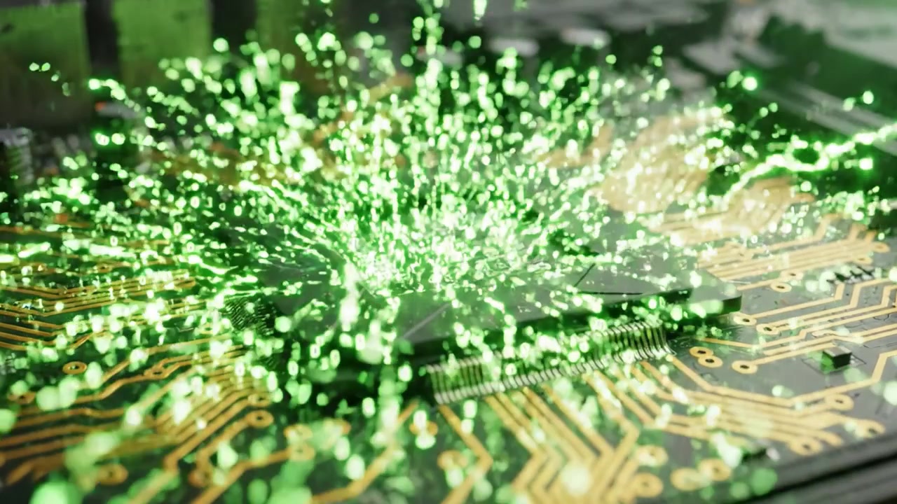 Close-up View of a Computer Motherboard with Circuitry and Processor Highlighted, Featuring a Stunning Green Glow Effect for Enhanced Visual Impact