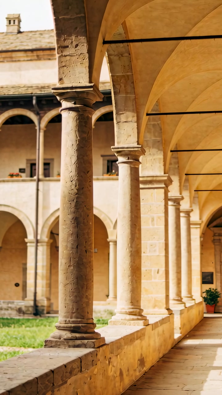 Vertical video: Panning camera revealing sunlit colonnade in cloister to show depth, columns