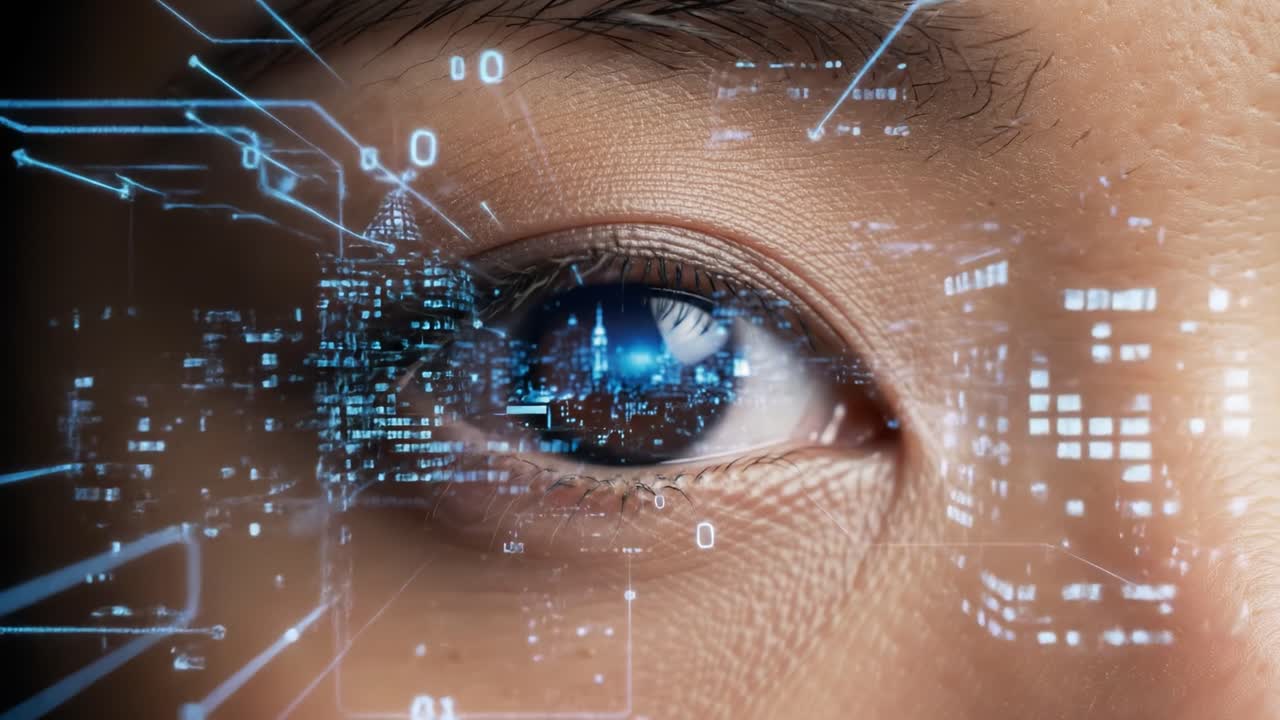 A close-up view of an eye reveals digital elements projected over a bustling city. This captures the intersection of technology and personal experience, showcasing modern life.
