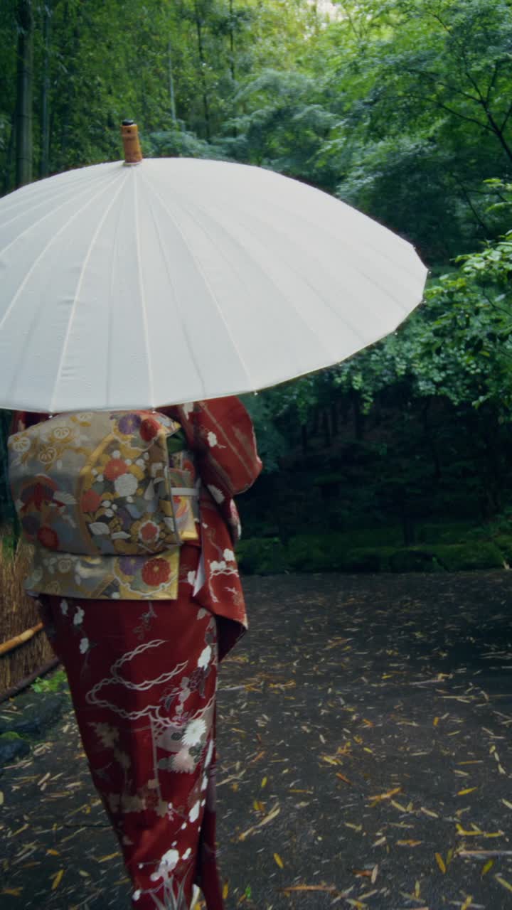 Woman in Kimono with Umbrella in a Japanese Garden