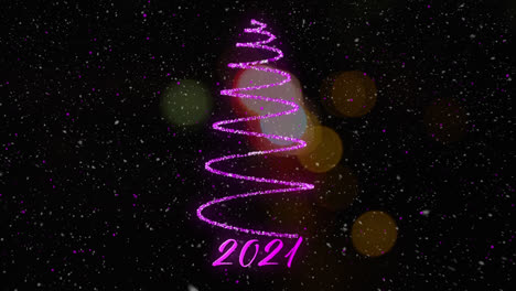 Animation-Von-Fallendem-Schnee-über-Dem-Text-„2021“-Und-Einem-Weihnachtsbaum-Mit-Sternschnuppe