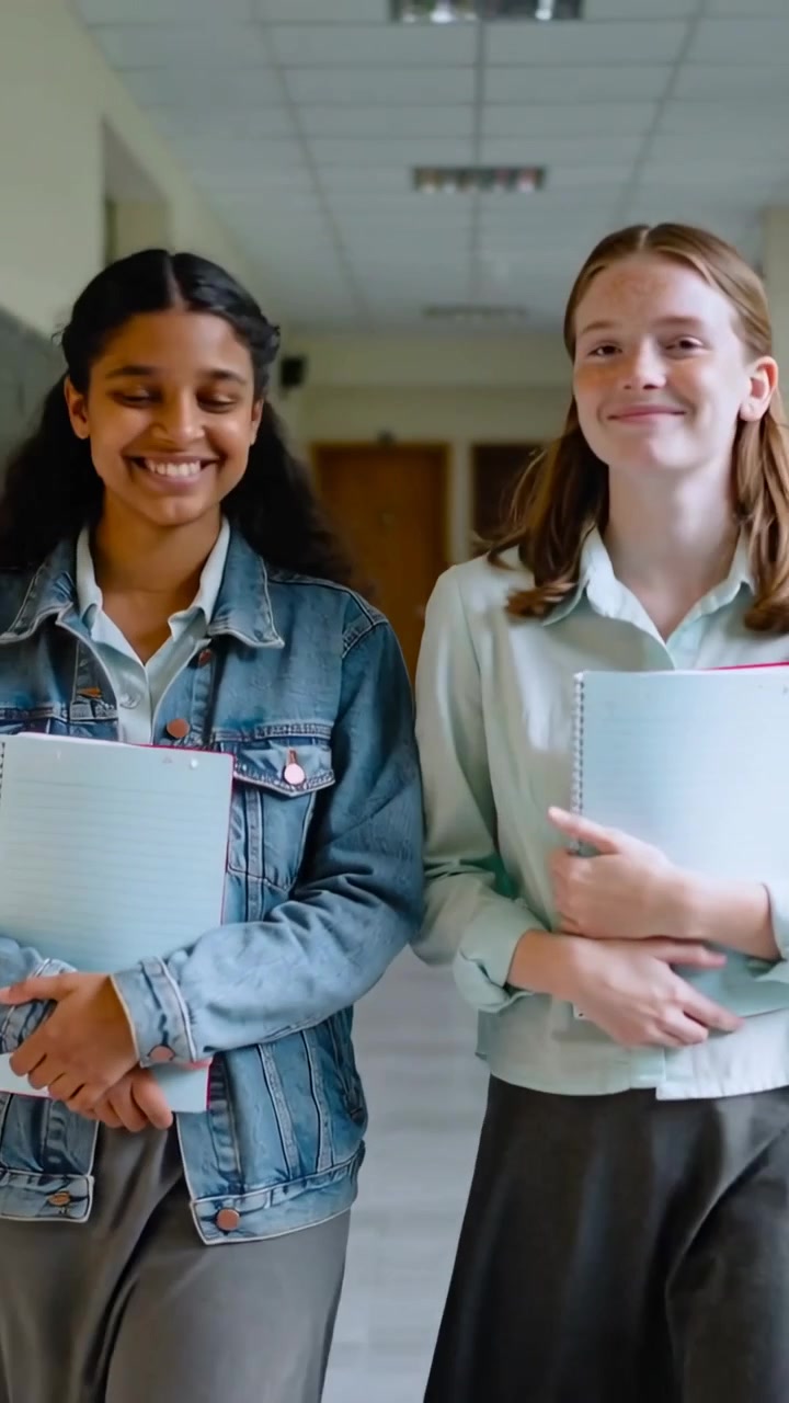 Vertikal video: To teenagere i skjorter møder blikke og rører hoveder, mens de går i skole med notesbøger.