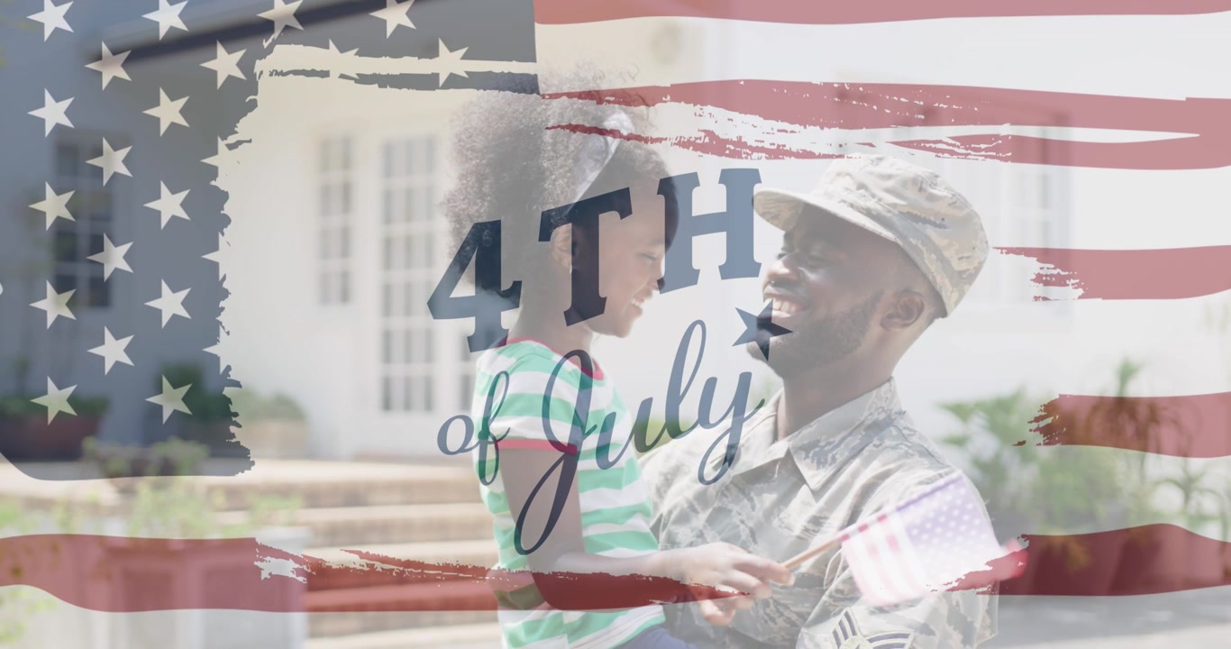 Animation of independence day text over african american male soldier with daughter