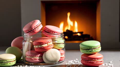 colorful macarons by the fireplace