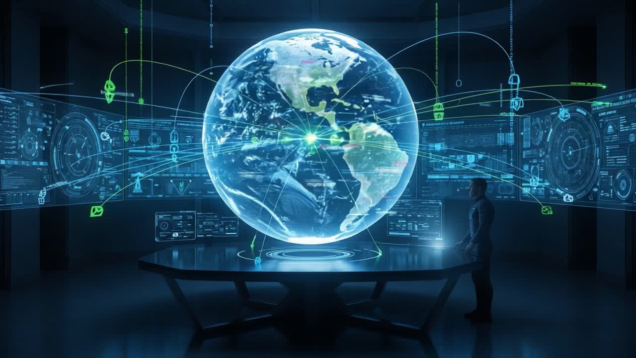 Un'interfaccia futuristica di visualizzazione dati con un globo 3D e sovrapposizioni di informazioni dinamiche, che mostra la connettività globale e l'analisi in tempo reale