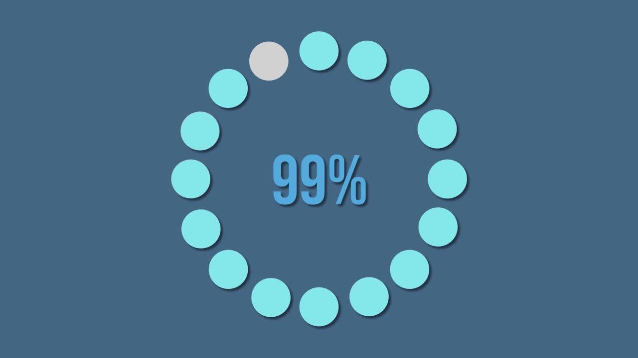 Circular progress animation with percentage increments on a blue background, transitioning smoothly from 5% to 100% in 8 seconds