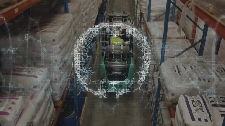 Forklift driver starting driving through warehouse while animated brain enveloping guiding route