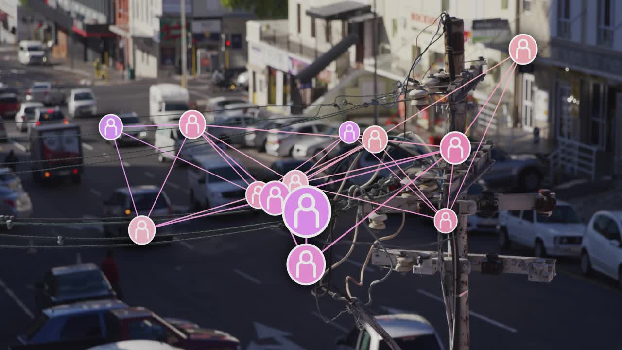 Poste de servicios 3D mostrando iconos de red rosas flotando sobre los cables, con coches pasando por delante de escaparates.